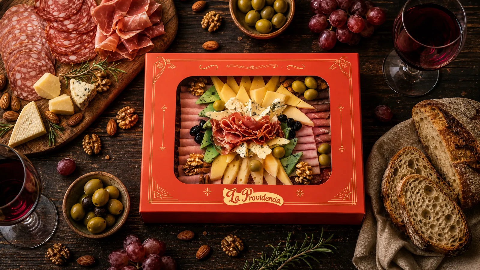 Caja de picadas armada en la fiambrería, con fiambres, quesos, aceitunas y frutos secos